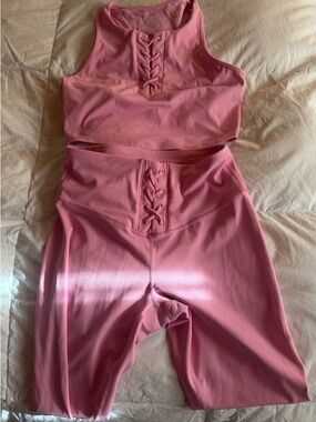 Pink Lace-Up Ribbed Active Set - Crop Top & High-Waisted Leggings